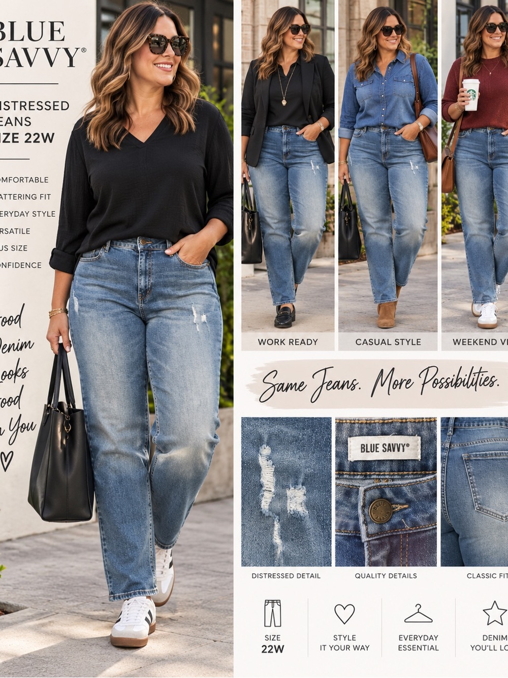 Blue Savvy Distressed Straight Leg Jeans - Light Blue - 22W